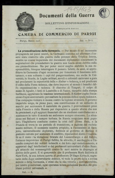 Documenti della guerra : bollettino d'informazioni pubblicato dalla Camera di commercio di Parigi